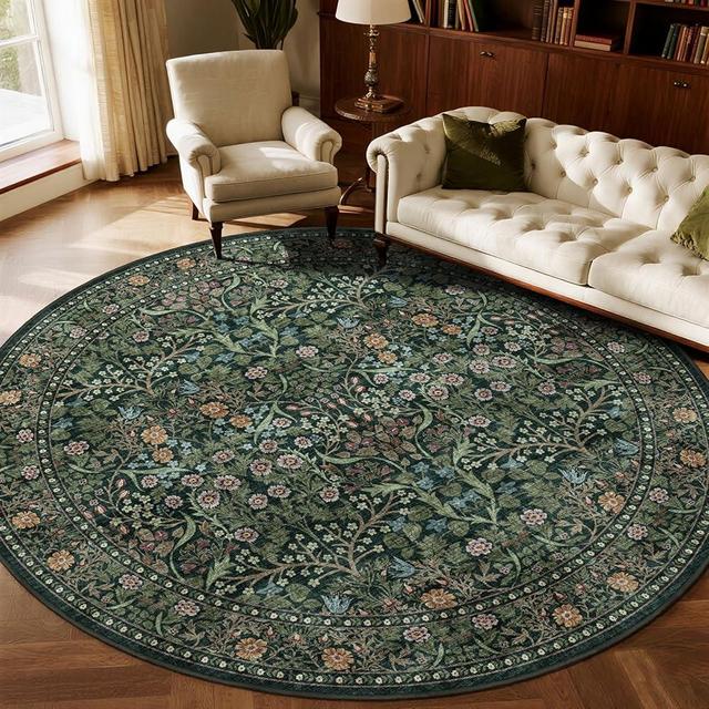 Othilic Green Round Rugs 8ft - Soft Washable Boho Floral Bedroom Circle Rug 8x8 Stain Resistant Botanical Dining Room Rugs for Under Round Table Vintage Area Rug for Living Room Home Office