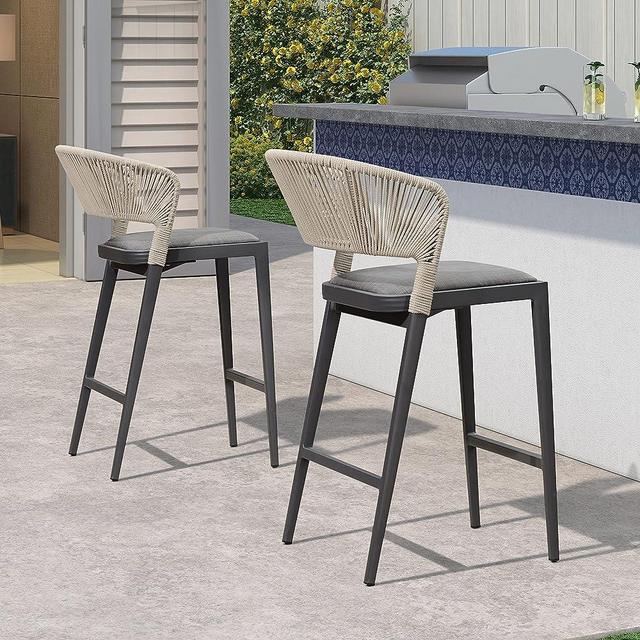 PURPLE LEAF Counter Height Bar Stool Set of 2 Modern Aluminum Rattan Wicker Outdoor Barstools with Backrest and Cushion for Kitchen Lawn Pool Bar Chairs Dark Grey