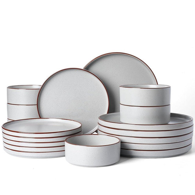 Famiware Nebula Ridge Stoneware Dinnerware Sets for 6, Plates and Bowls Sets, 18 Pieces Dishes Set, Microwave and Dishwasher Safe Kitchen Plates, Light Gray