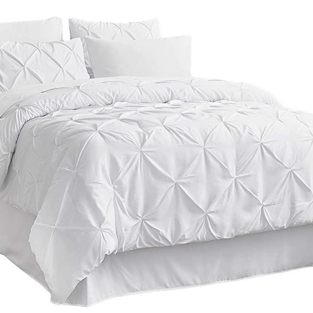 Bedsure White Full Size Comforter Sets - 8 Pieces Pintuck Bed Set Full Size, White Full Size Bed in A Bag with Comforters, Sheets, Pillowcases & Shams, Kids Bedding Set