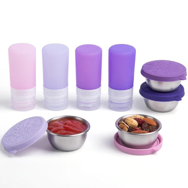 MICEBAY 8-Pack Salad Dressing Container To Go, 2-oz Silicone Small Condiment Squeeze Bottles and 1.6 oz Stainless Steel Sauce Containers Cups, Leakproof Condiment Containers with Lids for Lunch Box