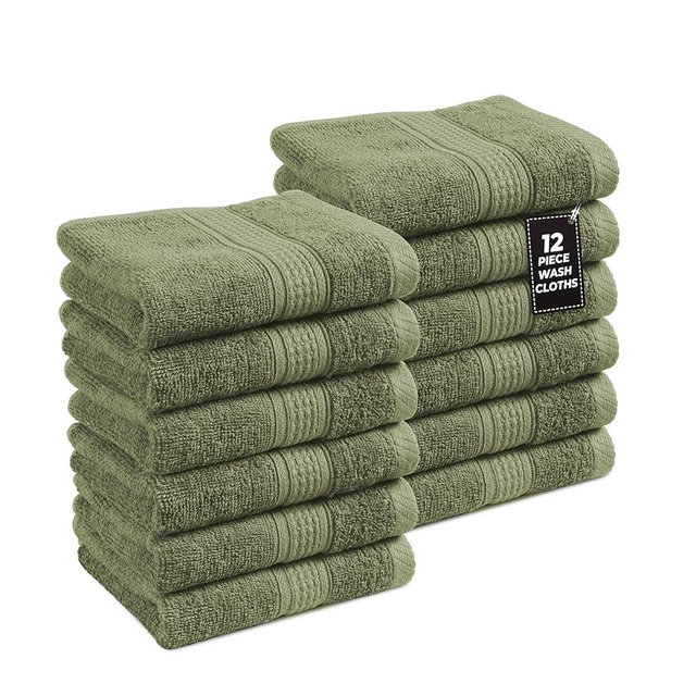 LANE LINEN Wash Cloths - 100% Cotton 12 Pack Set - 13"x13" Soft Surface, Reinforced Edges & Quick Drying - Highly Absorbent & Fade Resistant - Ideal for Salon, Spa & Hotel - Oil Green
