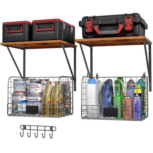 ThreeHio 2 Pack Garage Shelves Wall Mounted with Wire Storage baskets, Heavy Duty Garage Wall Shelving with Hooks, Wooden floating shelves Tool Organizer for Home Garden Garage Organizers and Storage