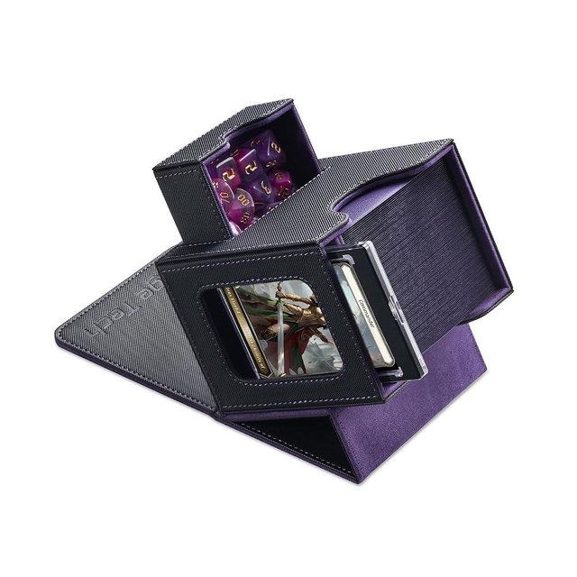 Mage Tech Card Deck Box for MTG Commander - Patented Design, Commander Display, Fits 100 Double-Sleeved Cards, 35pt Card Brick & Dice Tray - Black/Purple