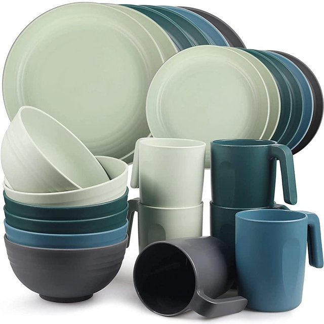 Shopwithgreen Plastic Dinnerware Sets (24PCS) - Lightweight & Unbreakable Dinnerware Set - Microwave Safe Plates Set, Bowls, Cups Mugs, Service for 6, Great for Kids & Adult