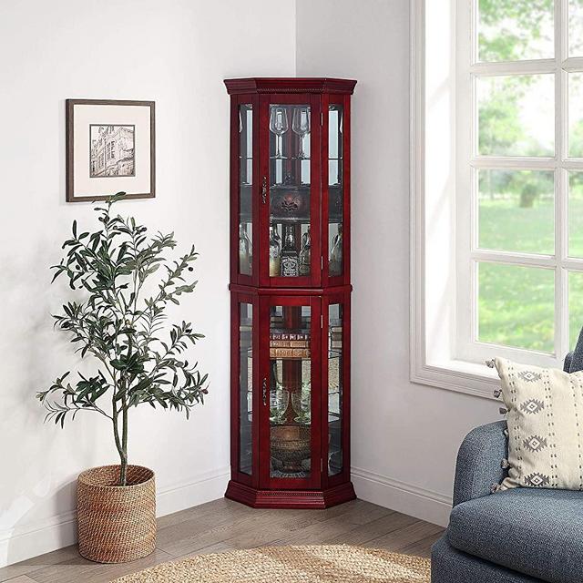 BELLEZE Lorona Floor Standing 5 Sided Lighted Corner Curio Cabinet, Cherry