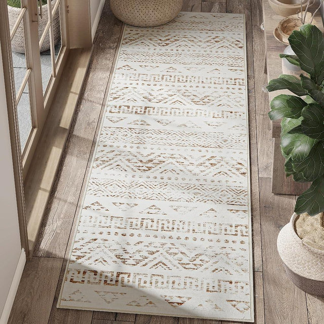 jinchan Boho Runner Rug 2x6 - Moroccan Machine Washable Non-Slip Bohemian Diamond Low-Pile Soft Runner Rug for Entryway Hallway Kitchen Bedroom Laundry Room (2‘x6', Mocha)