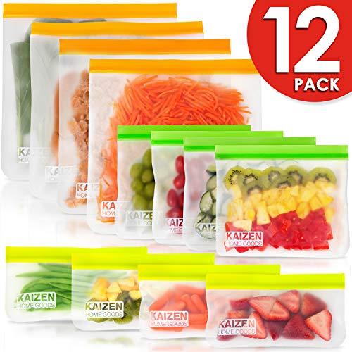 Reusable Storage Bags - 12 Pack BPA Silicone and Plastic Free (4 Reusable Freezer Gallon Bags + 4 Reusable Sandwich Bags + 4 Thick Reusable Snack Bags) Ziplock Kids Lunch Bag for Large Food baggies