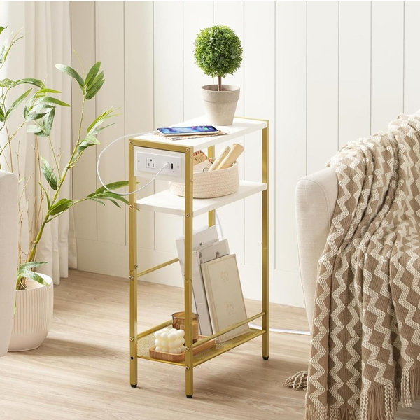 HOOBRO Small Narrow Side Table with Charging Station, Skinny End Table for Small Spaces, Slim Nightstand with USB Ports Outlet, Sofa Beside Table with Storage Shelf, White and Gold DW102UBZ01