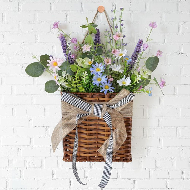 Purple Daisy Wreath Spring Door Hanger Basket Wreath, Artificial Spring Summer Wreaths with Green Eucalyptus Leaves and Lavender for Front Door Indoors Outdoor Decor Rustic and Farmhouse Wreaths