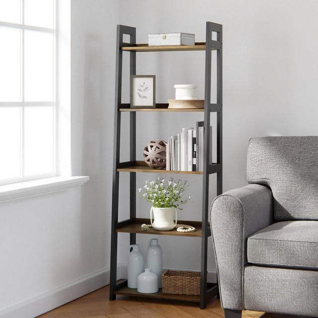 67" Annabelle 5 Tier Ladder Bookcase Black/Brown - Brookside Home