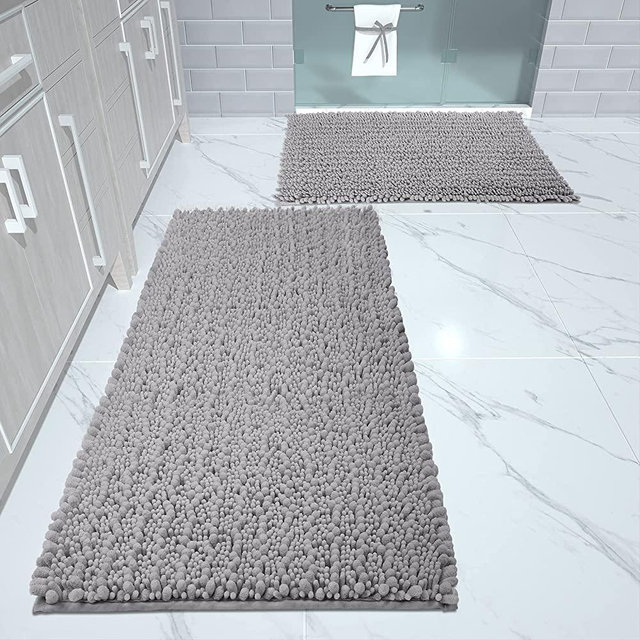 Yimobra Luxury Chenille Bathroom Rug Mat Set, Extra Soft Luxury Shaggy 2 Piece Bath Rugs, Super Absorbent Non Slip Machine Washable Quick Dry Mats for Tub Shower, 17x24+31.5x19.8 Inches, Gray