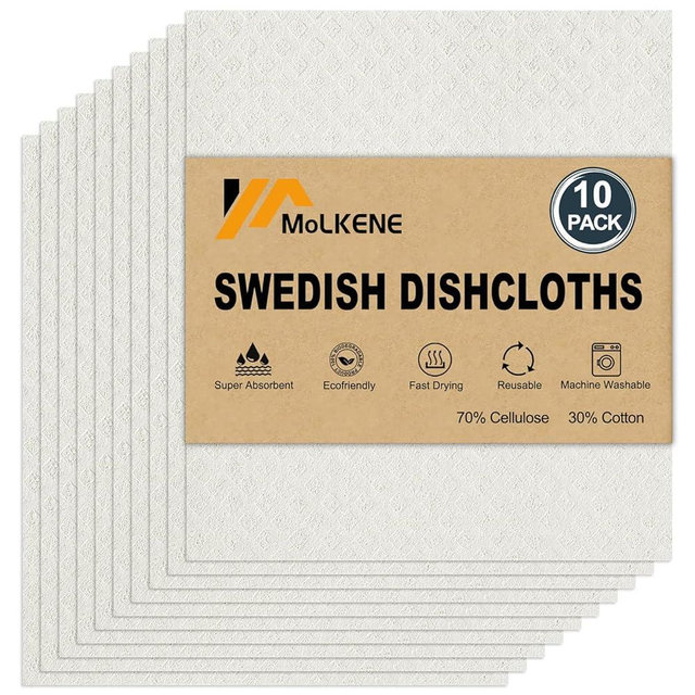 MoLKENE Swedish Dishcloths for Kitchen | 10 Pack Absorbent Cellulose Sponge Cloths Washable | Non-Scratch Reusable Paper Towels Quick Drying Cleaning Rag - White