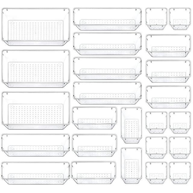 QUEFE 25 PCS Drawer Organizer Set, 4-Size Clear Plastic Drawer Organizers Trays Bathroom Organizers Dresser Storage Bins Separation Box for Makeup, Jewelries, Gadgets, Bathroom, Office, Bedroom