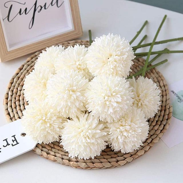 Homyu Artificial Flowers Chrysanthemum Ball Flowers Bouquet 10pcs Present for Important People Glorious Moral for Home Office Coffee House Parties and Wedding(Milk White)