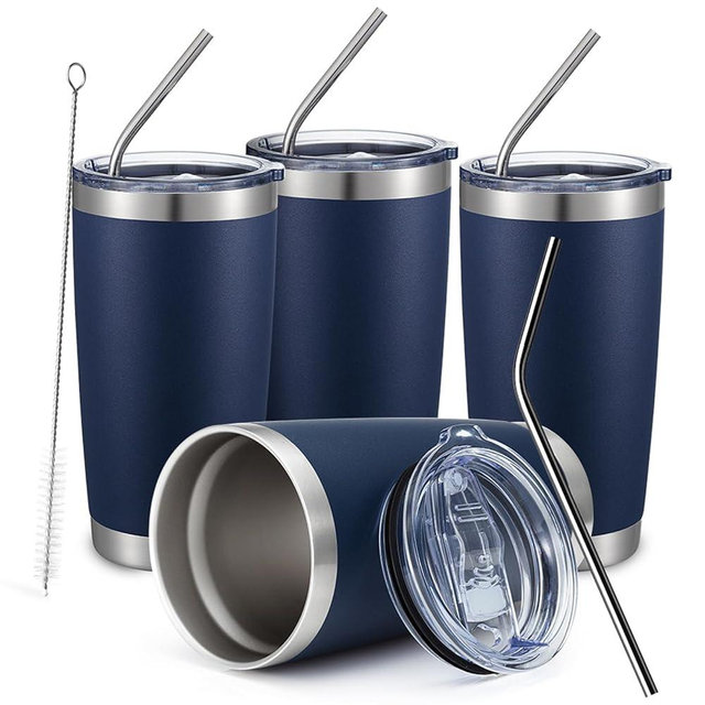 COMOOO 20oz Stainless Steel Navy Tumbler Bulk with Lid and Straw Insulated Coffee Tumbler Cup Double Wall Vacuum Travel Mug for Cold Drinks and Hot Beverage (Navy, 4 Pack)