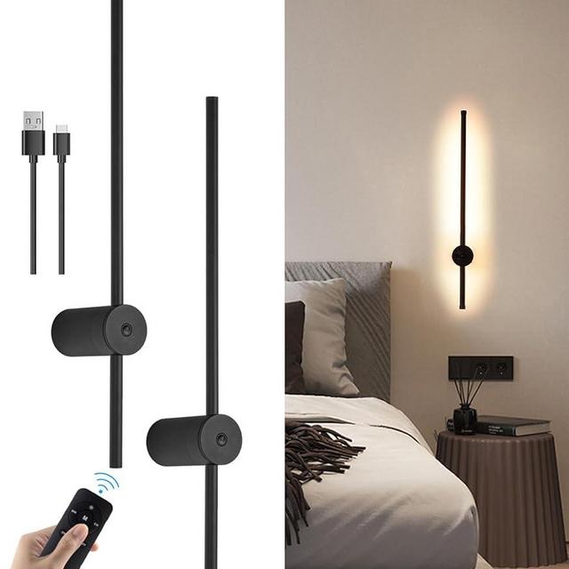Battery Operated Wall Sconce Set of Two, USB Rechargeable LED Wall Lights with Remote Control, Dimmable Cordless Wall Lamp Indoor, 360° Rotation Reading Lamp for Living Room, Bedroom, Black - 23.62in