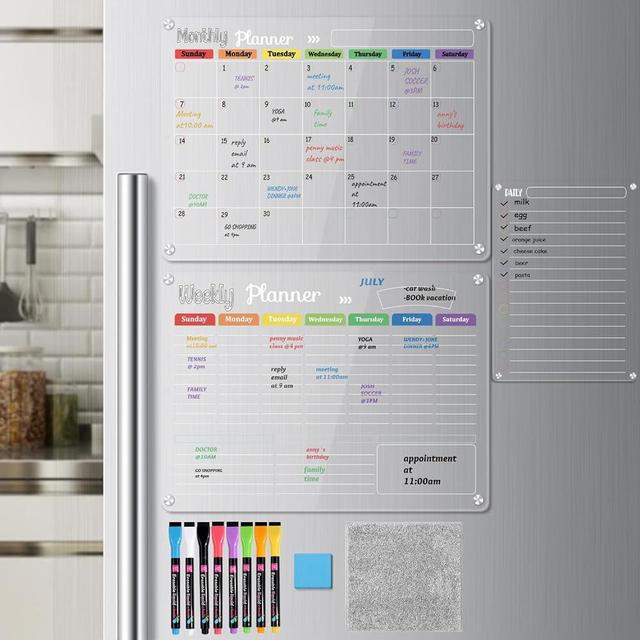 Hivillexun 3-Pack Acrylic Magnetic Dry Erase Boards Set - Stay Organized on Your Refrigerator, Wall, and Fridge with Monthly, Weekly, and Daily Notepads