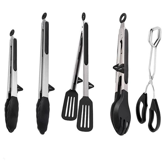 Silicone Kitchen Tongs Set of 5, Kitchen tongs for Cooking with Silicone Tips,BPA Free Non-Stick BBQ Grilling Stainless Steel Kitchen Cooking Tongs/Food Tong/Pasta Tong/Spatula Tong Salad Steak Tools