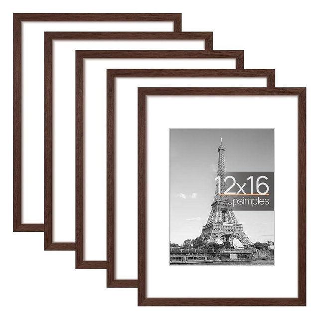 upsimples 12x16 Picture Frame Set of 5, Display Pictures 8.5x11 with Mat or 12x16 Without Mat, Wall Gallery Poster Frames, Brown