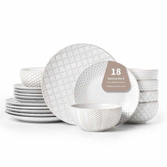 FOBENTA 18 Piece Embossed Dinnerware Sets for 6, Scratch-Resistant Plates and Bowls Sets, Microwave & Dishwasher Safe, Elegant Stoneware for Family Gatherings – A Gift for Growing Households