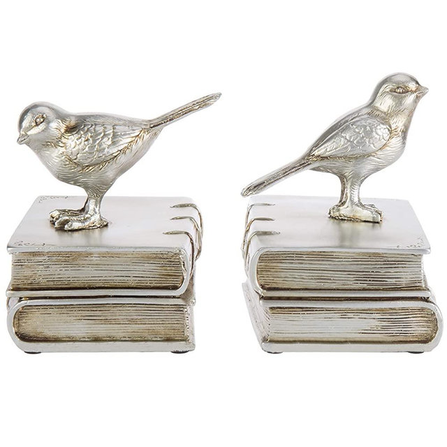 MyGift Vintage Style Decorative Birds & Books Silver-Colored Resin Bookends, 1 Pair