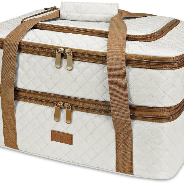 Vuudh Quilted Insulated Double Casserole Carrier - Thermal Lunch Tote for Potluck Parties, Picnic, Beach, Fits 9 x 18 Inches Baking Dish, Casserole Dish, Expandable (Beige)