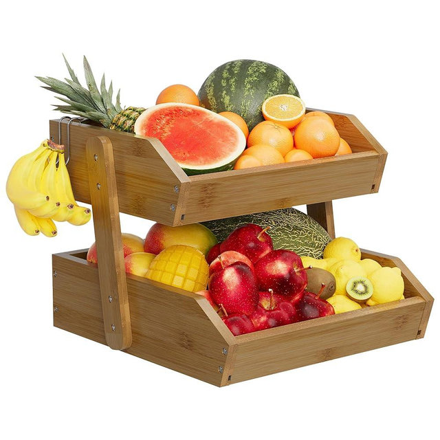 2 Tier Fruit Basket for Kitchen Counter, Large Capacity Fruit Storage Countertop, Fruit Holder, Wooden Pantry Organizers and Storage, Kitchen Countertop Organizer With Two Banana Hangers (Walnut)