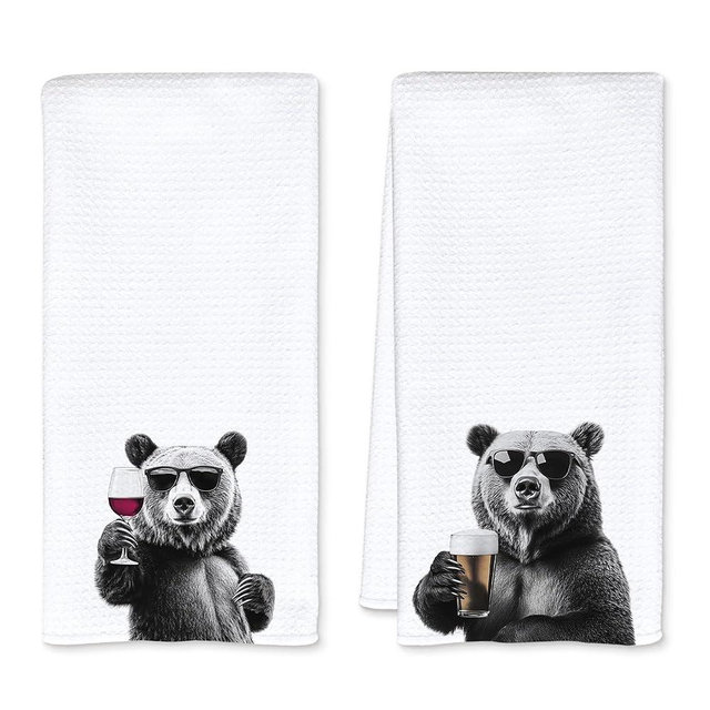 JFFTLL Funny Bear Kitchen Towels Set of 2, Funny Kitchen Decor, Wine Station Wine Bar Decor, Black and White Bear Owner Gift Hand Towel, Dining Room Decorative Tea Towel Dish Towels 16x24 Inch