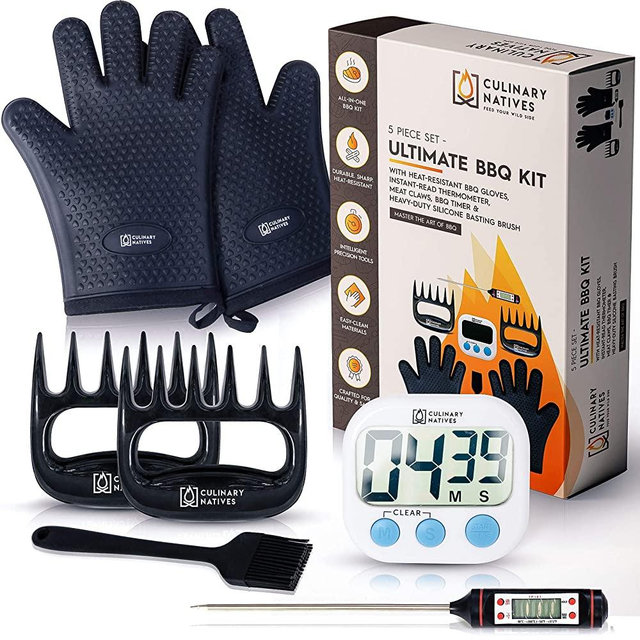 Culinary Natives | BBQ Grill Gloves, Meat Claws, Digital Thermometer, Timer, Brush | The No.1 Grilling/Smoker Accessories Kit for Pulled Pork, Brisket, and Ribs (Premium, Black)