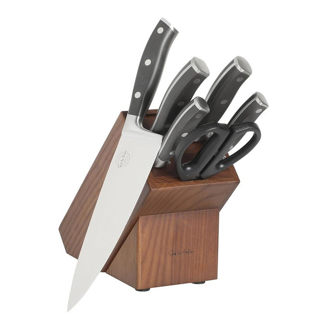 Sur La Table Kitchen Essentials Tasting Kitchen High-Carbon German Steel 7 Piece Full Tang Forged Cutlery Knife Block Set - Black W/Ashwood Block
