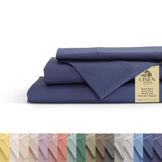 Linen Home 100% Cotton Percale Sheets King Size, Dark Blue, Deep Pocket, 4 Pieces Set - 1 Flat, 1 Deep Pocket Fitted Sheet and 2 Pillowcases, Crisp Cool and Strong Bed Linen