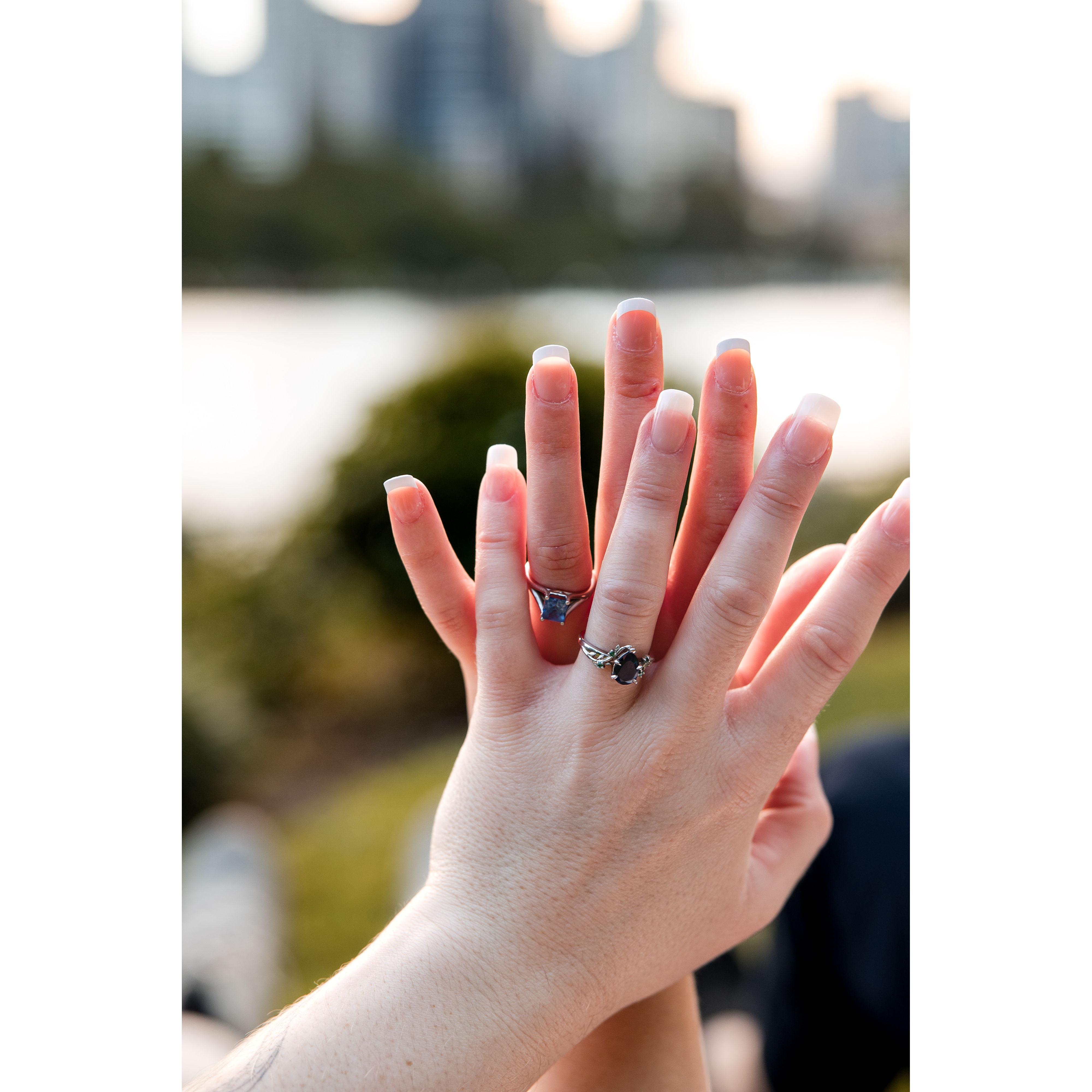 We’d be remiss not to mention Caroline’s dad, David Schulte, who found, faceted, and beautifully set our stunning sapphires - making our rings truly one of a kind!