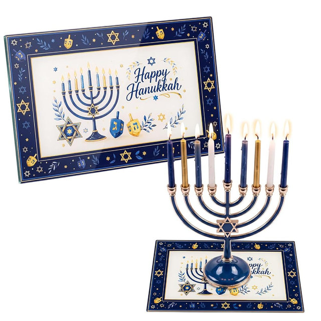 OBreezify 12 x 8 Inch Hanukkah Thick Glass Menorah Drip Tray Judaica Gifts | Menorah Drip Plate with Blue Judaica Design, Jewish Tray Display Centerpiece, Holiday Party Favor, Festival of Lights Gift