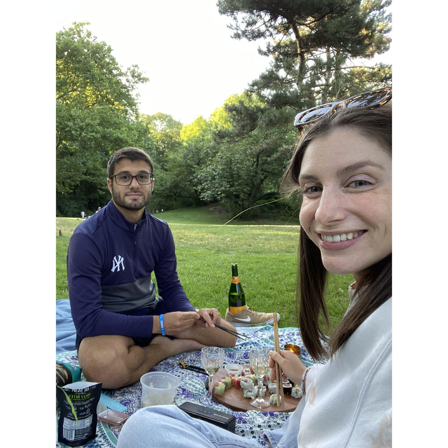 In Central Park celebrating 1 year until the wedding. A bird pooped on Liz's head right after this picture, they say that's good luck!