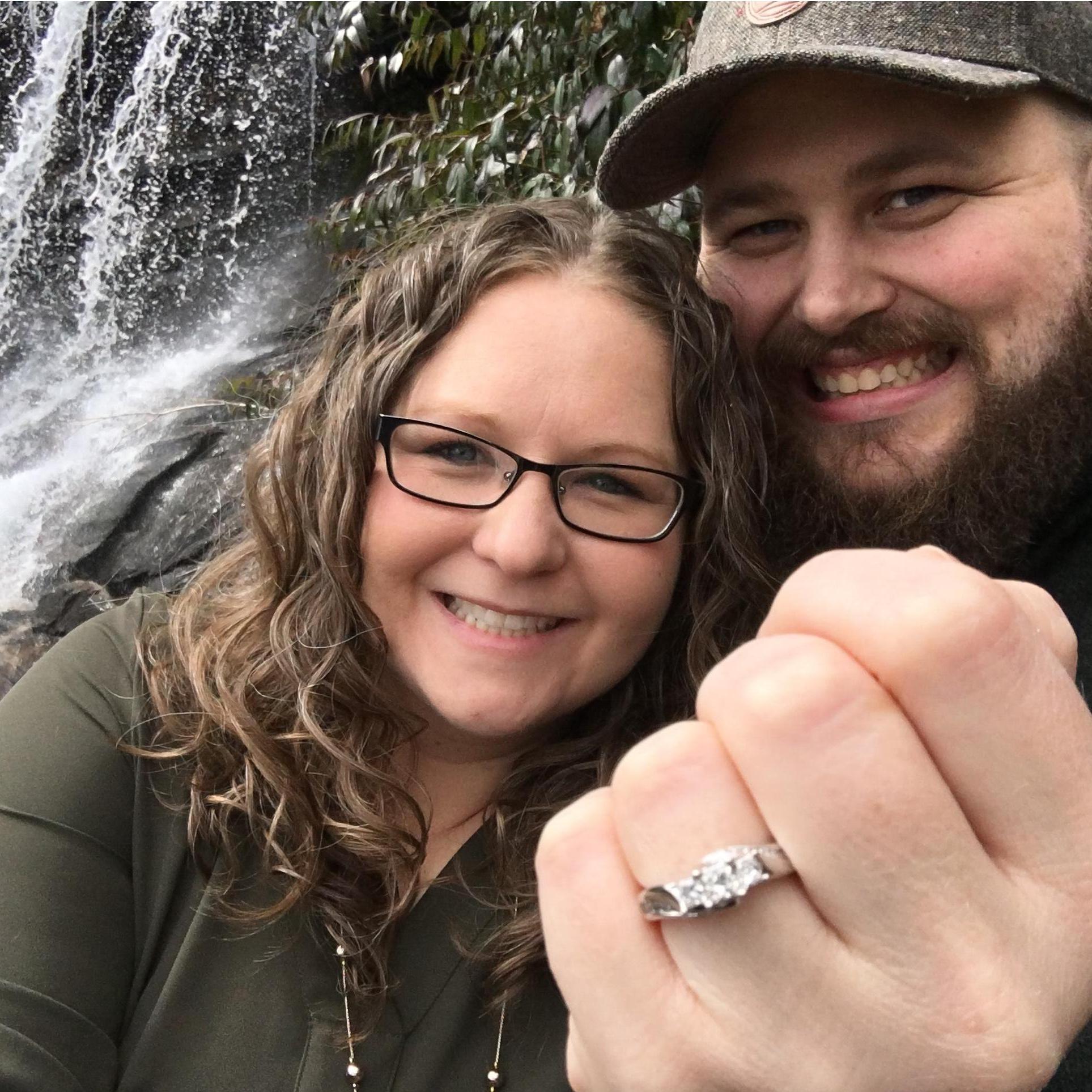 Chris proposed at a waterfall off the Blue Ridge Parkway close to Boone on St. Patrick's Day