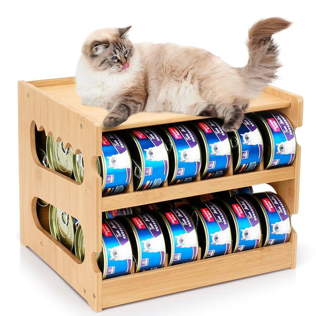 PLITTPETTS Bamboo Can Organizer for Pantry, 2 Tier Bamboo Pantry Organizer for Kitchen Counter, Cat Food Storage Holds Up to 36 Cans, Can Rack Organizer for Human and Pet Food Cans, FIFO Design