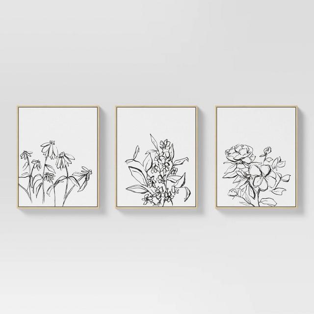 (Set of 3) 16" x 20" Inky Floral Framed Canvases - Threshold™