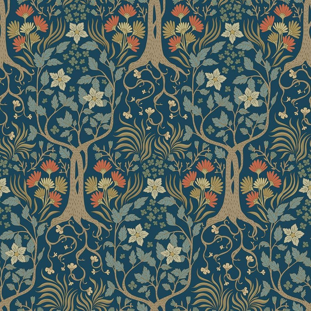 Stickyart Antique William Morris Botanical Wallpaper Peel and Stick Navy Blue Victorian Botanical Tree Wall Paper Self Adhesive Retro Floral Tree Contact Paper for Bedroom Living Room Wall 17.5"x276"