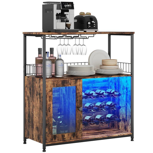 Zerder Wine Bar Cabinet with LED Light & Glass Holder, Home Bar with Wine Rack & Storage Shelf for Living & Dining Room