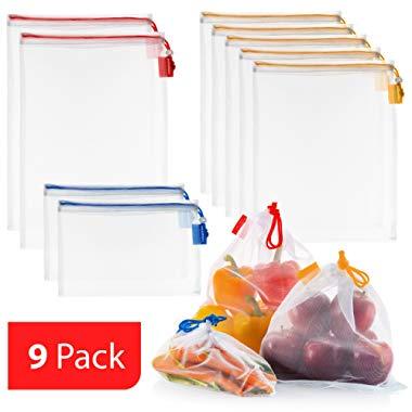 VANDOONA Reusable Mesh Produce Bags 9 Pack | Eco friendly Extra Strong See Through Washable Premium Mesh for Fruits Veggies Grocery Shopping & Toys, Color Coded Drawstrings by Size & Tare Weight Tags.