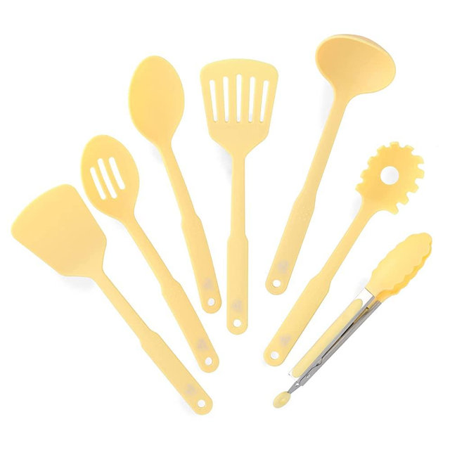 GreenLife Cooking Tools and Utensils, 7 Piece Nylon Set including Spatulas Turner Spoons and Tongs, Dishwasher Safe, Light Yellow