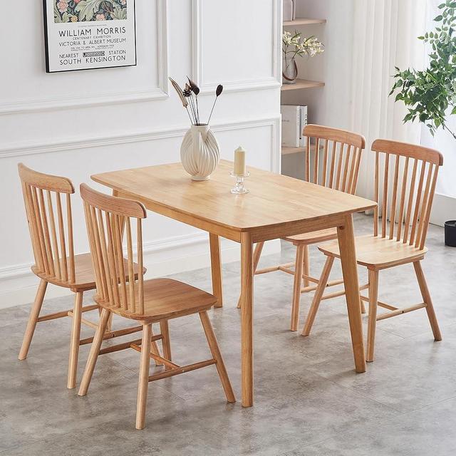 AmoUnico Windsor Dining Chair Set of 4, Spindle Back Wooden Chairs for Kitchen and Dining Room, Black Dining Chairs, Dining Room Chairs, Windsor Chairs Set (Natural)