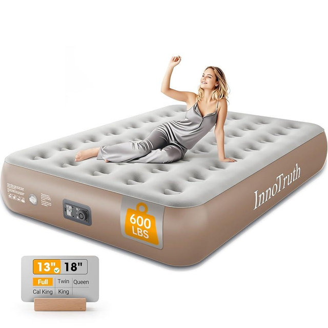 InnoTruth Camping Air Mattress, Full Size with Built in Pump, Inflatable Mattress Blow up Mattress, Family Choice Award Winner-13 Colchones Inflables Foldable Air Bed for Guest & Home, Light Brown