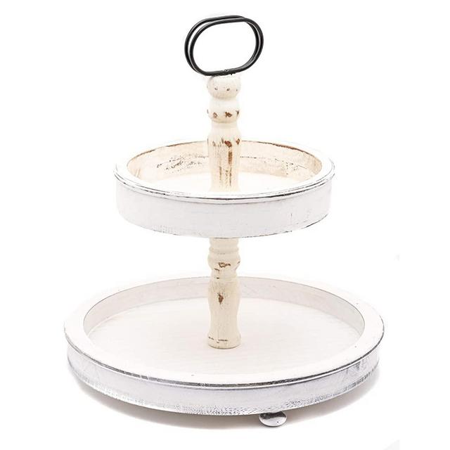 Tiered Serving Tray – Premium Quality Wood Two Tiered Tray with Metal Accent – Gorgeous, Easy to Assemble 2 Tier Home Decor for Tiered Food Presentation, Wedding, Cupcake Tray