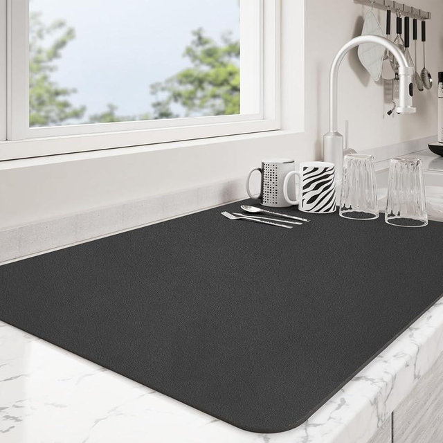 Ecotrim - Dish Drying Mat for Kitchen Counter | Coffee Bar Mat for Countertops | Heat Resistant Drainer Mat with Non-slip Rubber Backed | Hide Stain Kitchen Absorbent Draining Mat | Black 16"x18"