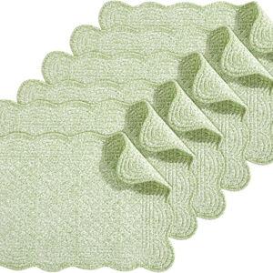 HOMBYS Quilted Placemats Set of 6 Washable-13x18 inches Rectangular Placemats for Kitchen Table-100% Cotton Fabric Rectangular Table Mats, (White with Light Green)