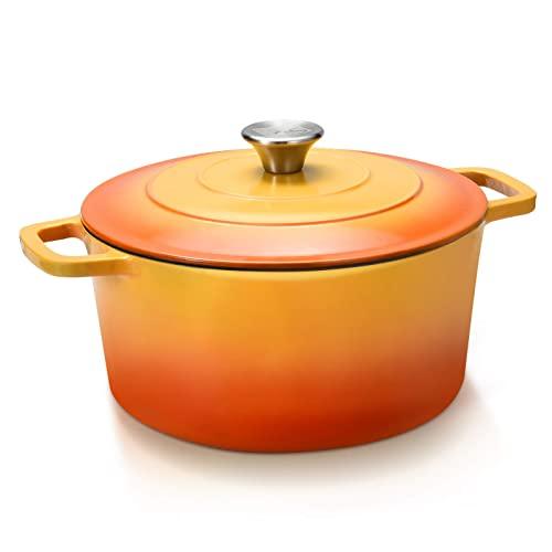 CSK Cast Iron Dutch Oven, 5 Quart Oven Pot with Stainless Steel Knob and Loop Handles, Cast Iron Round Pot with Nonstick Enameled Coating, Ideal for Family, Sunset Red