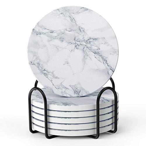 LIFVER Coasters for Drinks, White Marble-style Absorbent Coasters with Holder, Housewarming Gifts for Home Decor, Suitable for Kinds of Cups, 4 Inches, Set of 6