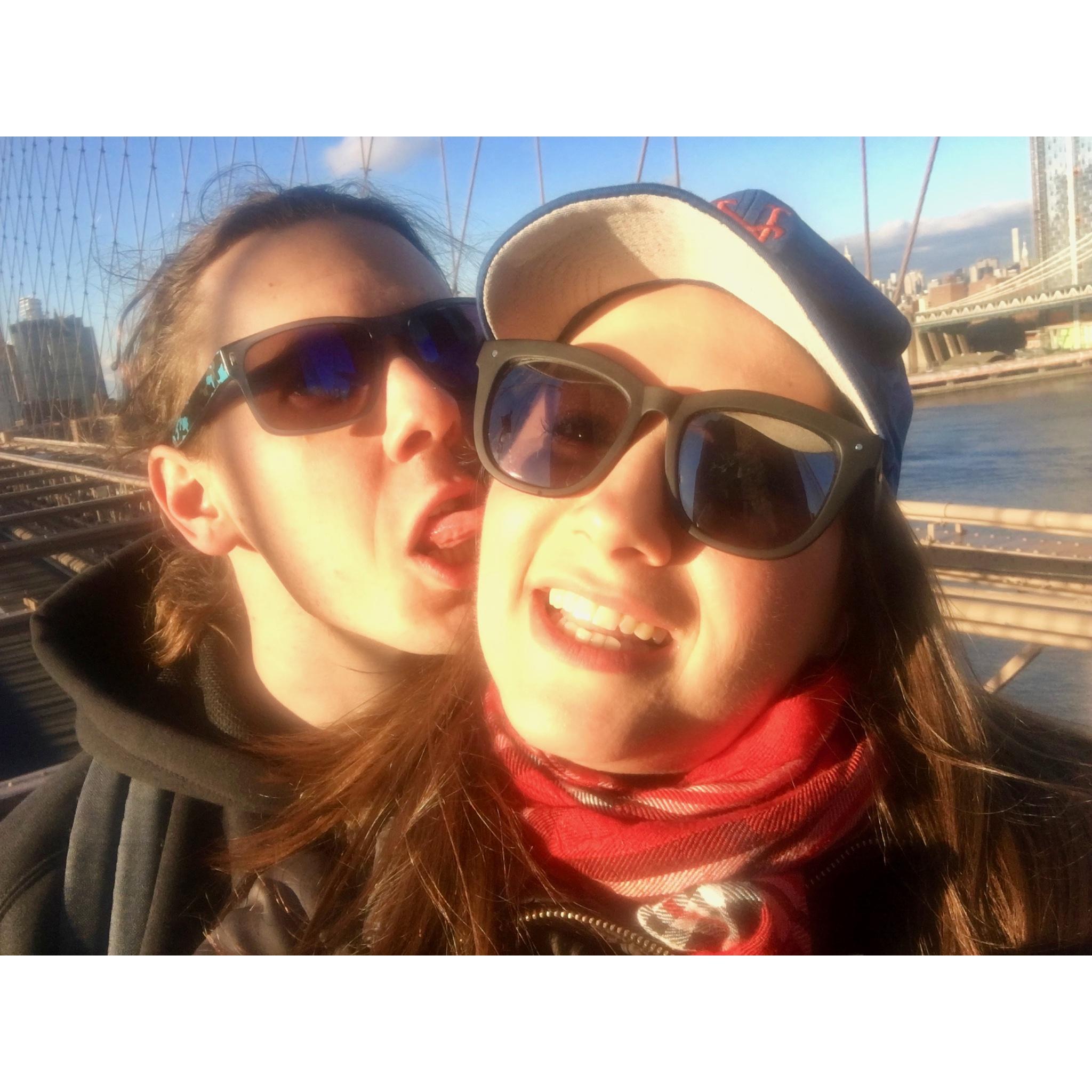 goofing around on the Brooklyn Bridge